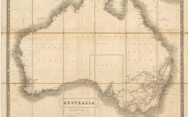 Vintage sepia map of Australia showing detailed coastline, interior grid and place names — 5K Ultra HD PC desktop wallpaper and background, misc map.