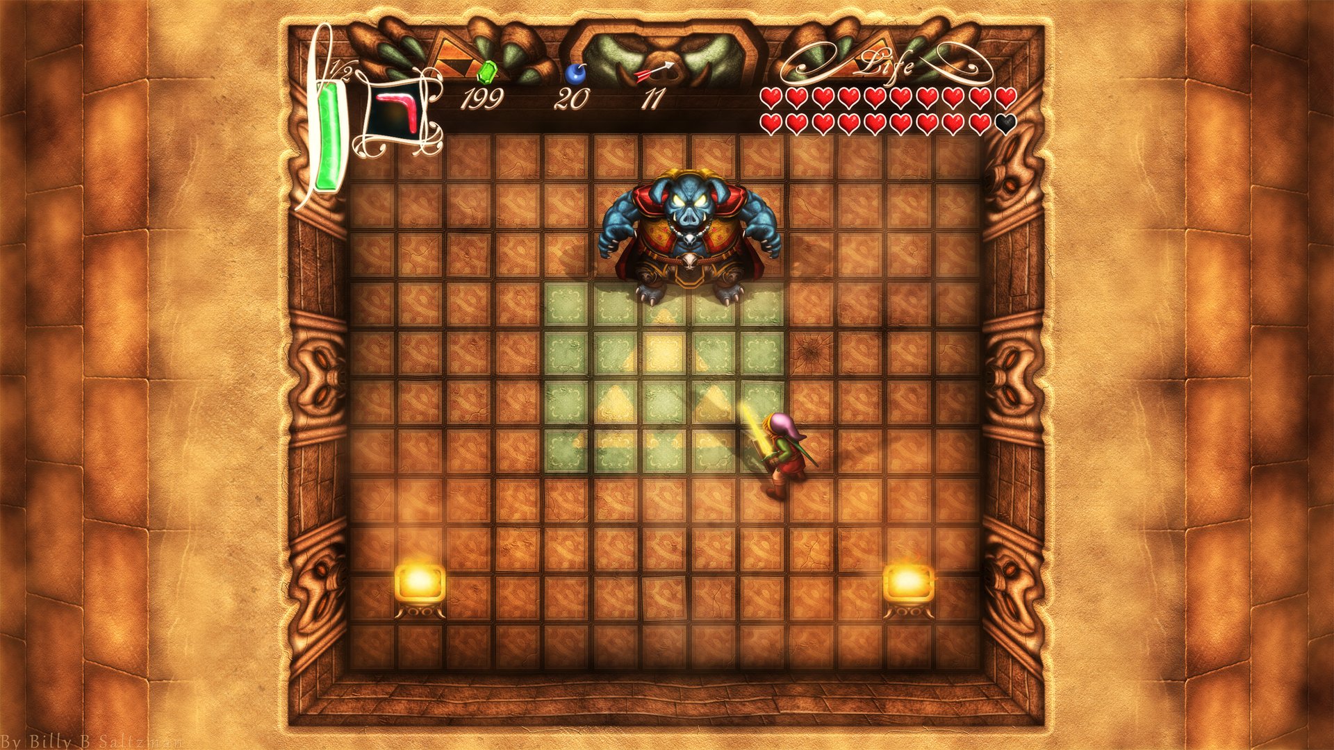 HD PC desktop wallpaper featuring a scene from the video game The Legend of Zelda: A Link to the Past, showing Link facing a boss in a dungeon room.