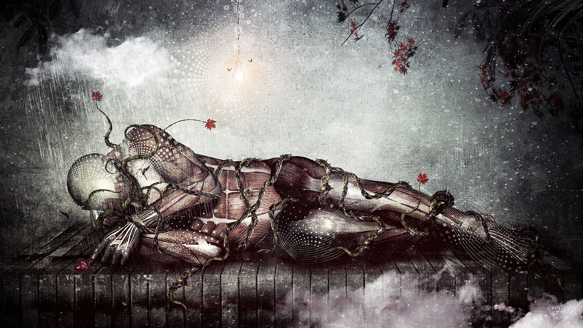 HD fantasy PC desktop wallpaper featuring an artistic, dark robotic figure entwined with vines and red leaves, set against a textured, moody background.