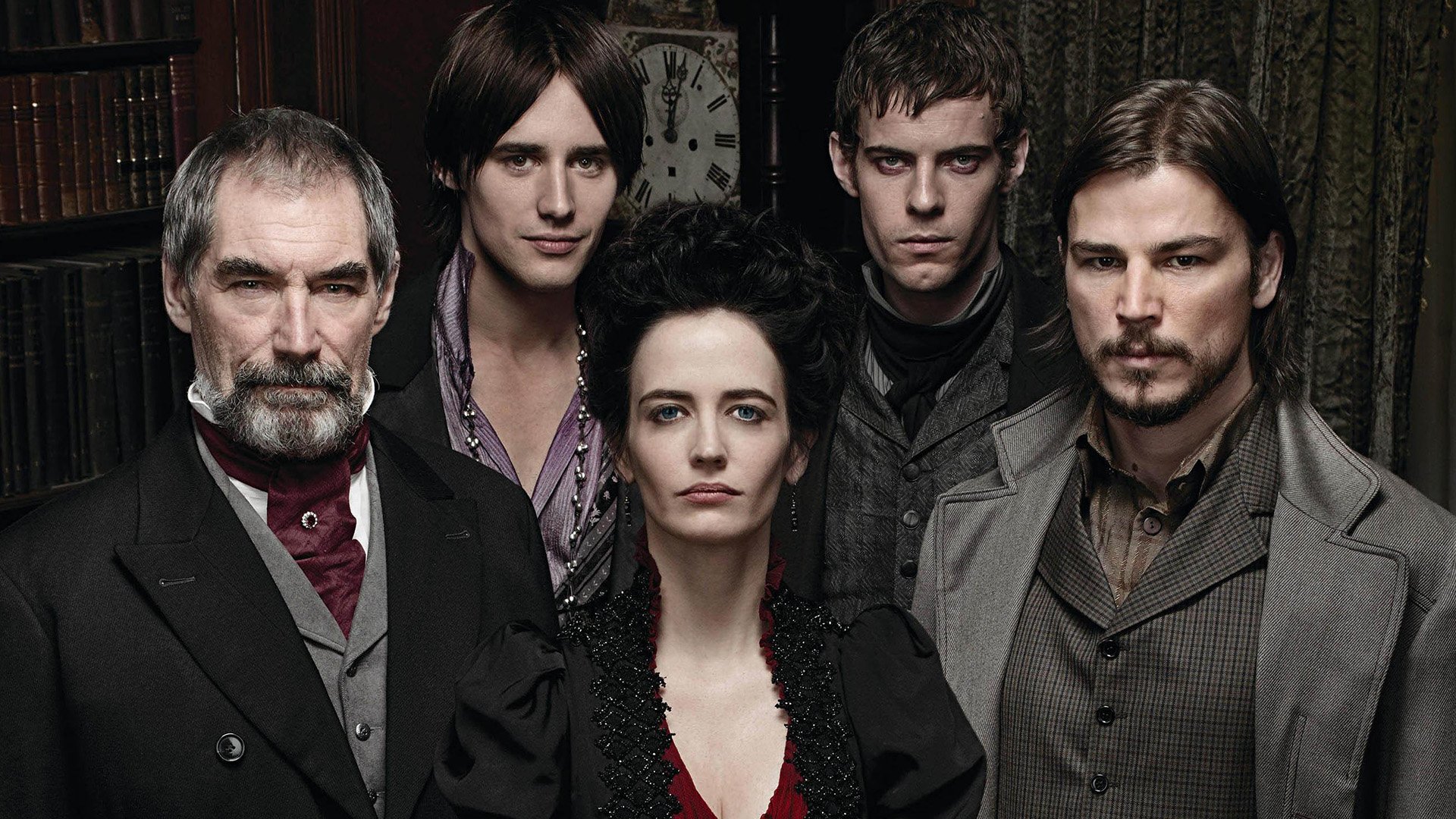 A dramatic ensemble from the TV show *Penny Dreadful*, featuring five intriguing characters, set against a moody background, showcasing the show's gothic atmosphere.
