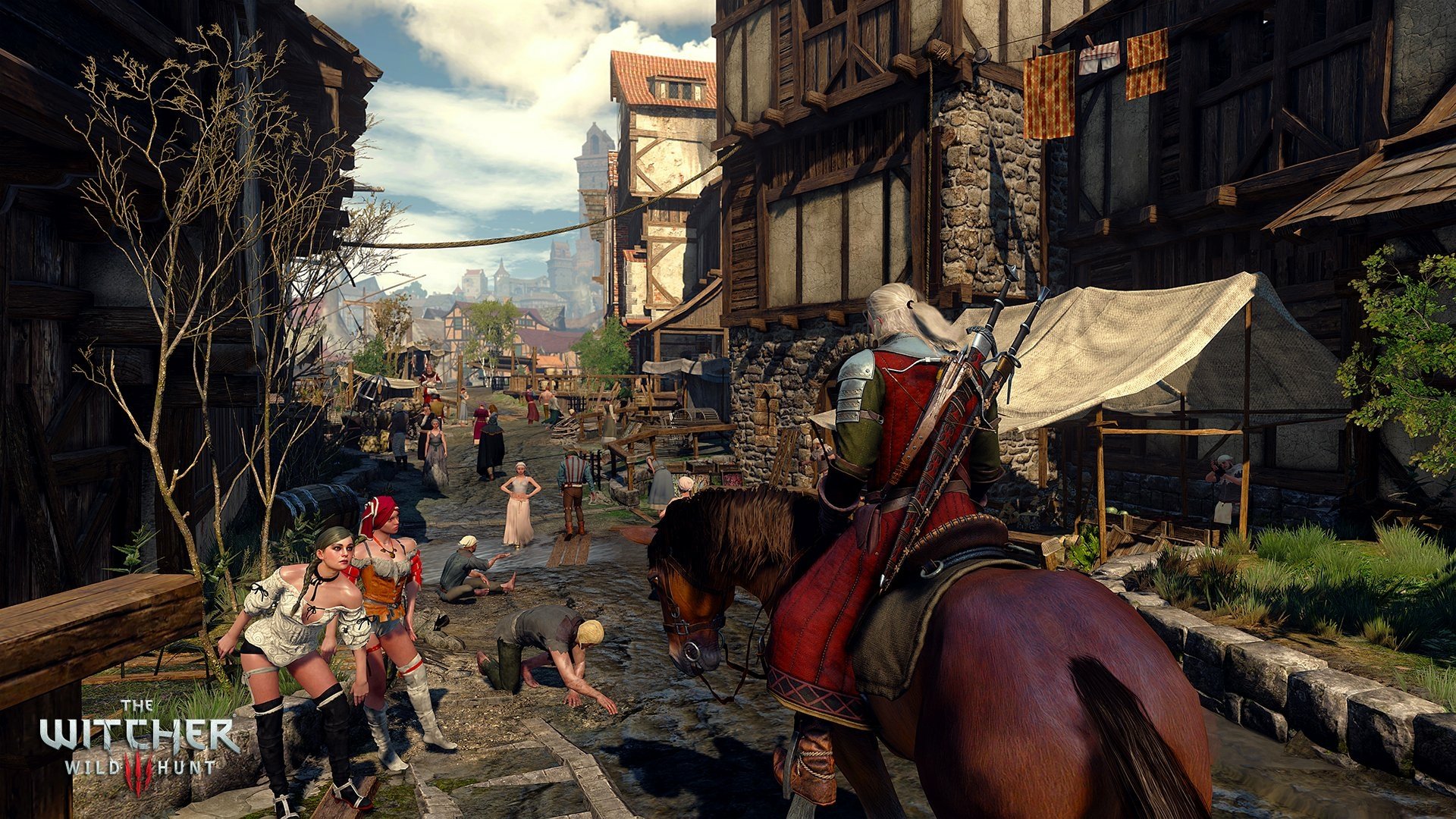 A vibrant scene from The Witcher 3: Wild Hunt, showcasing Geralt on horseback amidst a lively medieval town filled with townsfolk and market activity. High-definition PC desktop wallpaper.