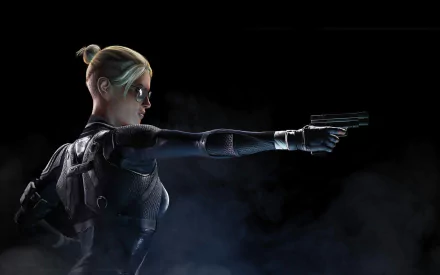 A striking HD wallpaper featuring a character from Mortal Kombat X, poised with a gun and ready for action, against a dramatic dark background.
