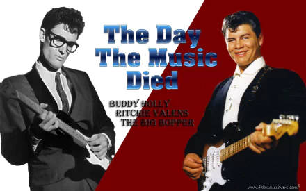 HD PC desktop wallpaper: two 1950s rock ’n’ roll stars with guitars against a red-and-white background, bold headline The Day The Music Died as a musical tribute.