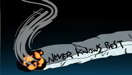 A vibrant HD wallpaper featuring art from the anime FLCL, showcasing a stylized cigarette with smoke and the phrase Never Knows Best. Dark, moody background enhances the visual impact.