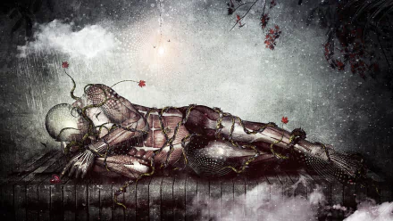 HD fantasy PC desktop wallpaper featuring an artistic, dark robotic figure entwined with vines and red leaves, set against a textured, moody background.