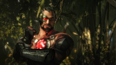 A dynamic HD desktop wallpaper featuring a character from Mortal Kombat X, showcasing a fierce warrior with cybernetic enhancements set against a lush, vibrant jungle background.