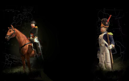 HD PC desktop wallpaper featuring characters from the video game Napoleon: Total War, depicting a soldier on horseback and a standing officer in historical military attire.