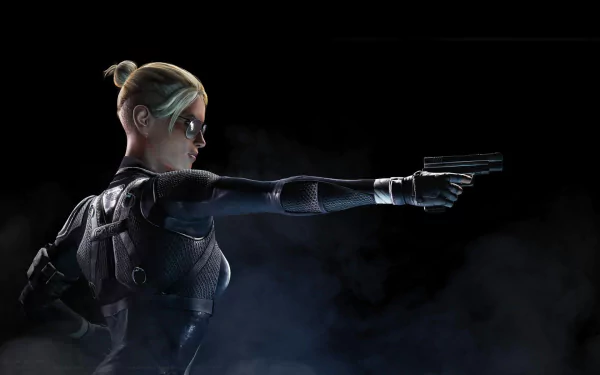 A striking HD wallpaper featuring a character from Mortal Kombat X, poised with a gun and ready for action, against a dramatic dark background.
