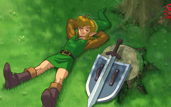 HD PC wallpaper featuring Link from the video game The Legend of Zelda: A Link to the Past, peacefully resting on grass beside his sword and shield.