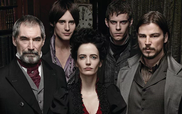 A dramatic ensemble from the TV show *Penny Dreadful*, featuring five intriguing characters, set against a moody background, showcasing the show's gothic atmosphere.