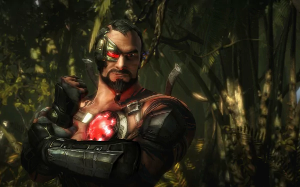 A dynamic HD desktop wallpaper featuring a character from Mortal Kombat X, showcasing a fierce warrior with cybernetic enhancements set against a lush, vibrant jungle background.