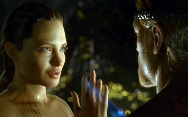 HD wallpaper from the movie Beowulf (2007), featuring a close encounter between the characters Beowulf and a female figure, highlighted by dramatic lighting and expressive features.