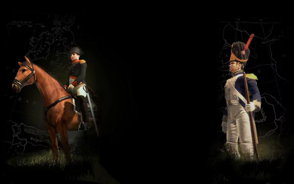 HD PC desktop wallpaper featuring characters from the video game Napoleon: Total War, depicting a soldier on horseback and a standing officer in historical military attire.