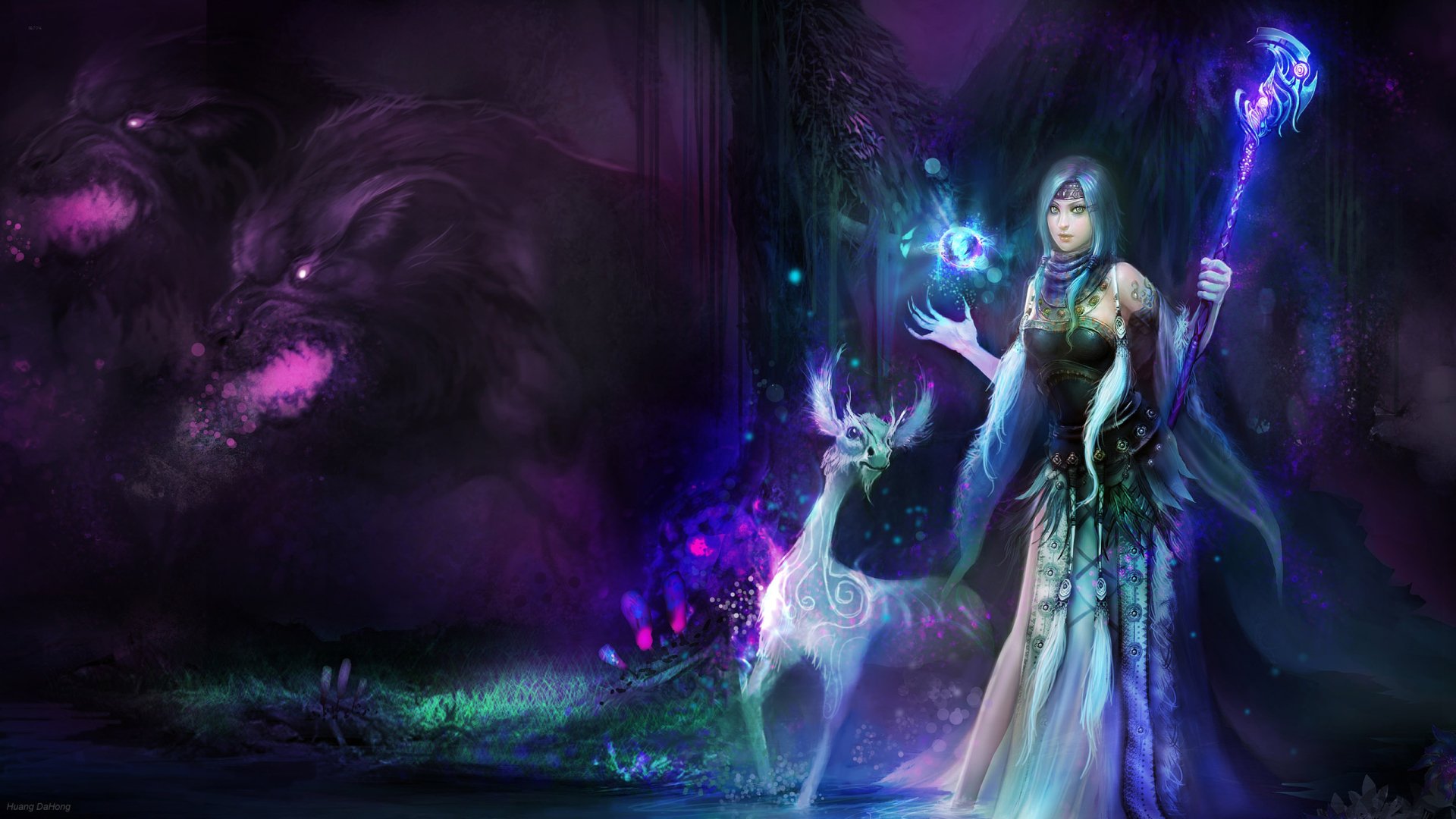 Fantasy HD PC desktop wallpaper depicting a mystical witch with a glowing staff and a magical deer companion in an enchanted, dark purple forest setting.