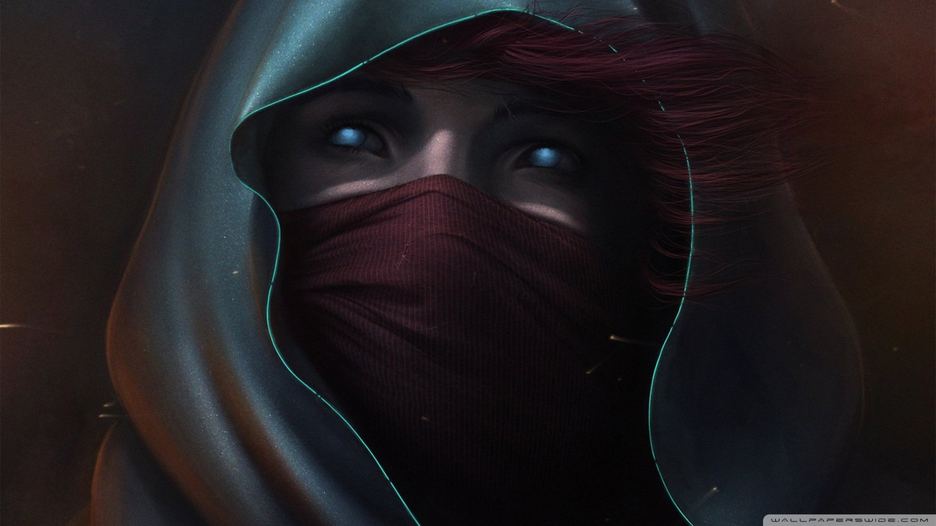 HD sci-fi desktop wallpaper featuring a mysterious figure from Dune with glowing blue eyes, wearing a hood and face covering in a dark, atmospheric setting.