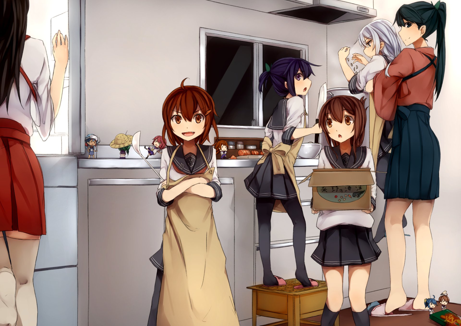 HD PC desktop wallpaper featuring anime characters from Kantai Collection in a kitchen setting, showcasing a casual and lively atmosphere.
