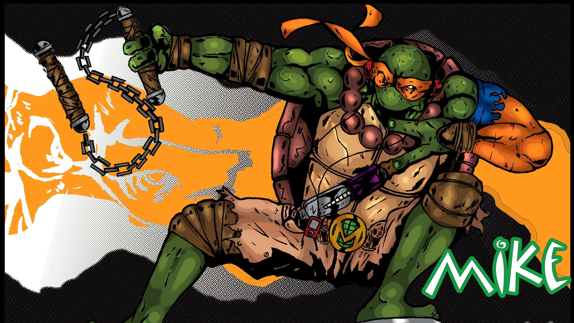 Comic-style Teenage Mutant Ninja Turtle with orange bandana wielding chained nunchaku, gritty 8K Ultra HD PC desktop wallpaper and background with bold orange and black accents.