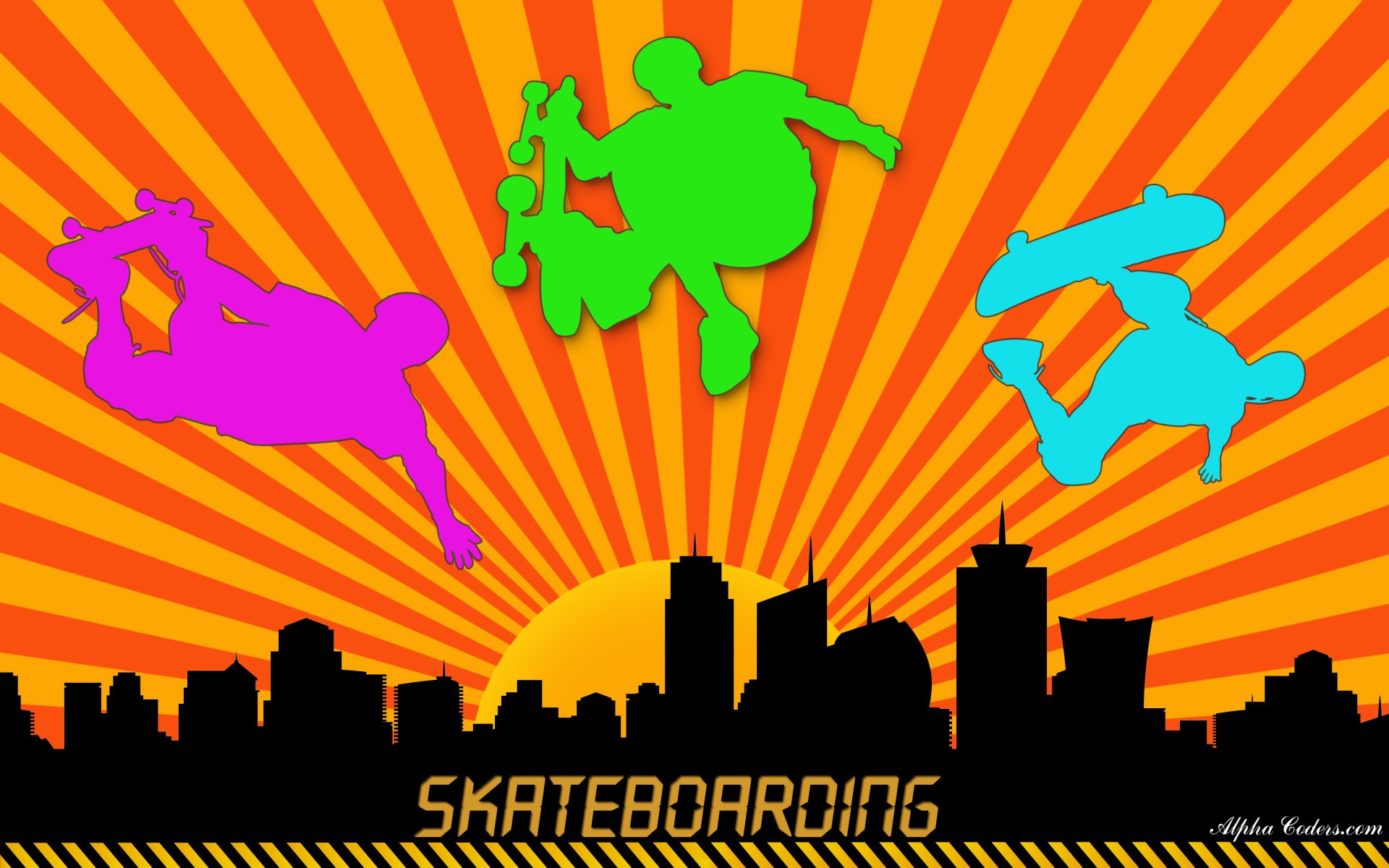 Colorful silhouettes of skateboarders leap against a vibrant sunset backdrop, with a city skyline below, creating an energetic and dynamic HD wallpaper for sports enthusiasts.