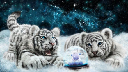 A captivating HD wallpaper featuring two white tiger cubs amid a starry night backdrop, playfully observing a snow globe with a whimsical character inside.