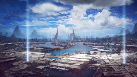 A Sci-Fi cityscape with futuristic buildings, beams of light, and a vibrant harbor under a bright blue sky with scattered clouds. HD wallpaper and background.