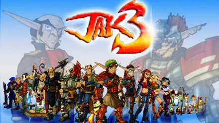 HD PC desktop wallpaper/background of the Jak 3 video game: Jak stands front-and-center with a colorful cast of allies, enemies and mechs beneath the fiery Jak 3 logo.