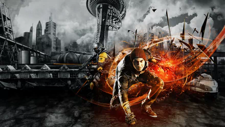 Dynamic HD wallpaper from the video game inFAMOUS: Second Son, featuring a dramatic cityscape and a protagonist unleashing vibrant powers amidst an industrial backdrop.
