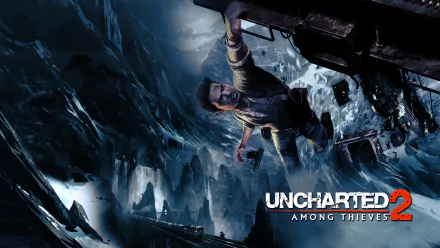 An HD wallpaper featuring a scene from Uncharted 2: Among Thieves, depicting a character in an intense action pose amidst a dramatic, mountainous landscape.