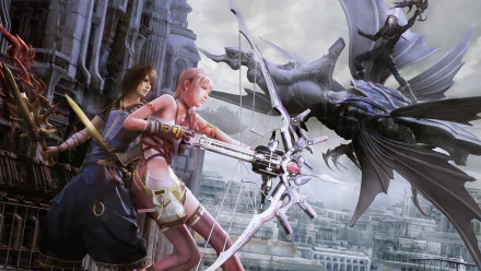 HD PC desktop wallpaper featuring characters from the video game Final Fantasy XIII-2 in a dramatic battle scene against a dark, winged creature in a ruined cityscape.