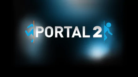 HD PC desktop wallpaper featuring the Portal 2 logo with blue and orange portal symbols on a dark, blurred background from the video game Portal 2.