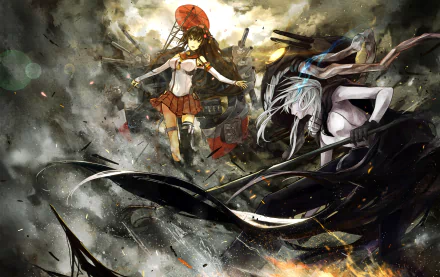 A dynamic HD wallpaper featuring characters Yamato and Wo-Class from Kantai Collection, set against an intense, chaotic battle backdrop filled with smoke and destruction.