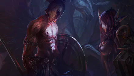 HD wallpaper featuring Leona and Pantheon from League of Legends, showcasing their heroic designs in a dramatic, shadowy setting inspired by the video game universe.