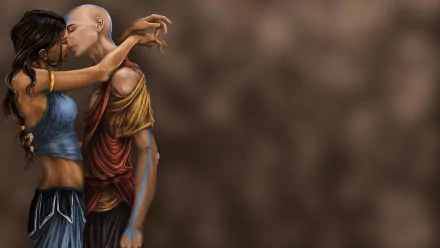 A romantic moment between characters from Avatar: The Last Airbender, depicted in an HD anime style wallpaper, showcasing their connection against a soft, blurred background.