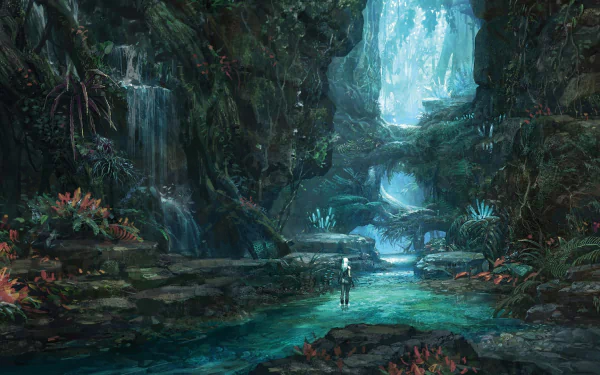 HD PC wallpaper from the MMORPG Tera, depicting a lush forest with vibrant plants and a cascading waterfall illuminating the serene landscape.