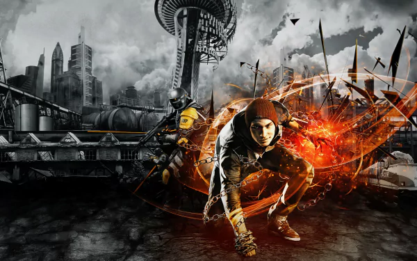 Dynamic HD wallpaper from the video game inFAMOUS: Second Son, featuring a dramatic cityscape and a protagonist unleashing vibrant powers amidst an industrial backdrop.