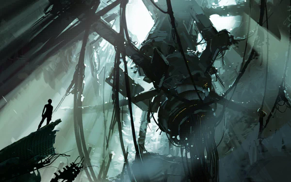 HD PC desktop wallpaper featuring a dark, atmospheric scene from the video game Portal 2 with a silhouetted figure facing a large, mechanical structure entwined in cables.