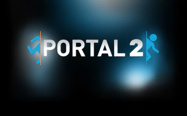 HD PC desktop wallpaper featuring the Portal 2 logo with blue and orange portal symbols on a dark, blurred background from the video game Portal 2.