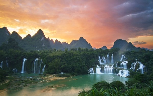 Earth Ban Gioc–Detian Falls Waterfalls Mountain Vietnam Ban Gioc Waterfall Guichin River Quây Sơn River Sunset HD Wallpaper | Background Image