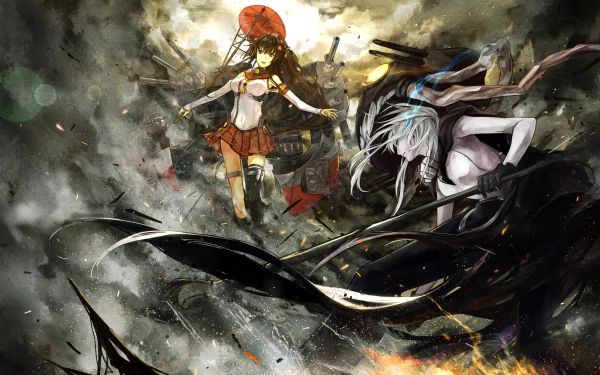 A dynamic HD wallpaper featuring characters Yamato and Wo-Class from Kantai Collection, set against an intense, chaotic battle backdrop filled with smoke and destruction.