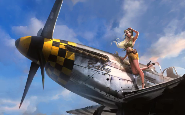 A vibrant HD desktop wallpaper from War Thunder, featuring a striking aircraft with a stylish character posing on its wing against a dramatic sky.