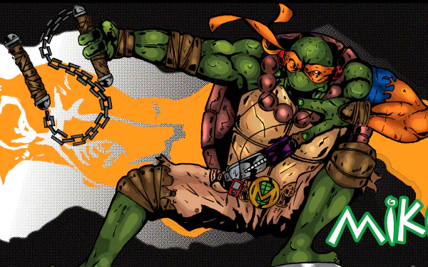 Comic-style Teenage Mutant Ninja Turtle with orange bandana wielding chained nunchaku, gritty 8K Ultra HD PC desktop wallpaper and background with bold orange and black accents.