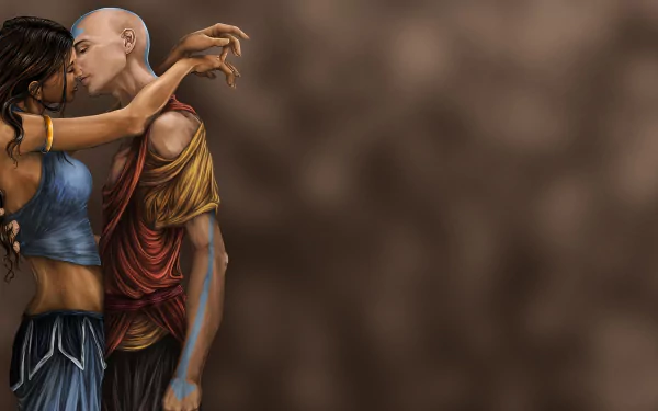 A romantic moment between characters from Avatar: The Last Airbender, depicted in an HD anime style wallpaper, showcasing their connection against a soft, blurred background.