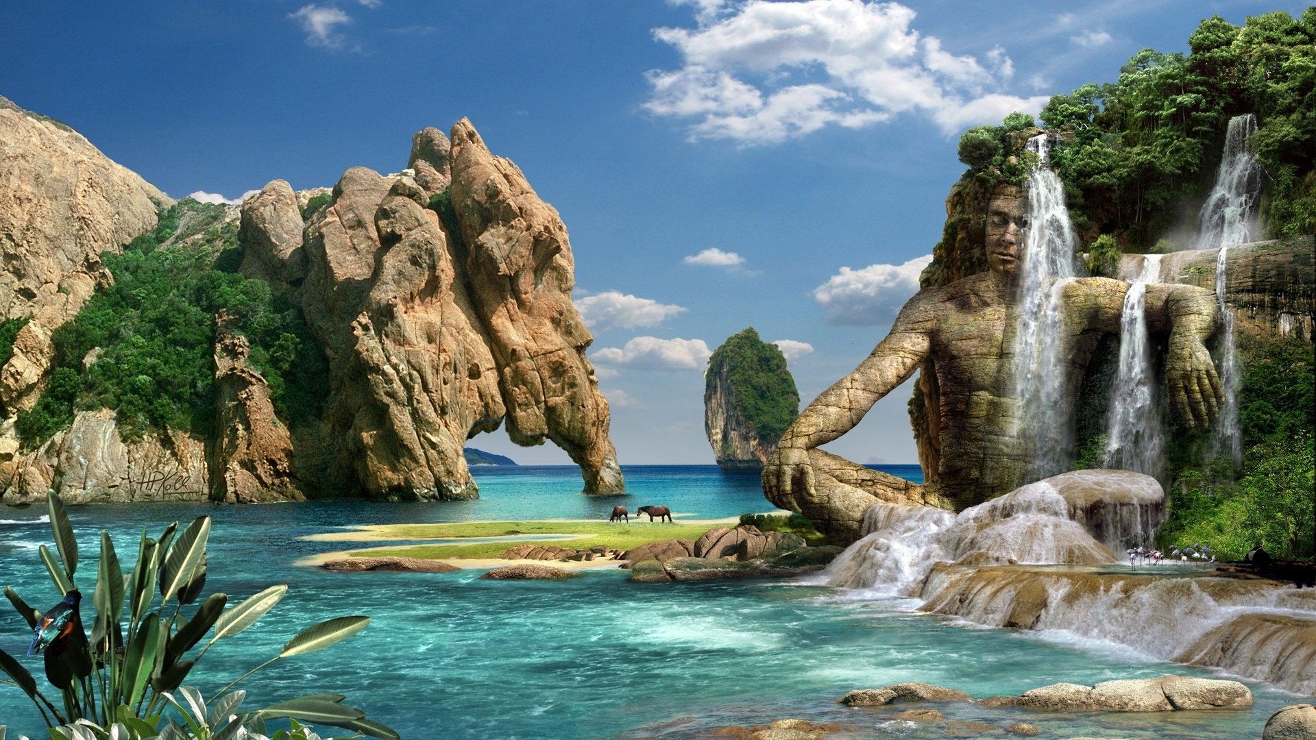 A serene tropical bay in Thailand featuring a large statue surrounded by lush greenery and cascading waterfalls, creating a stunning HD desktop wallpaper.