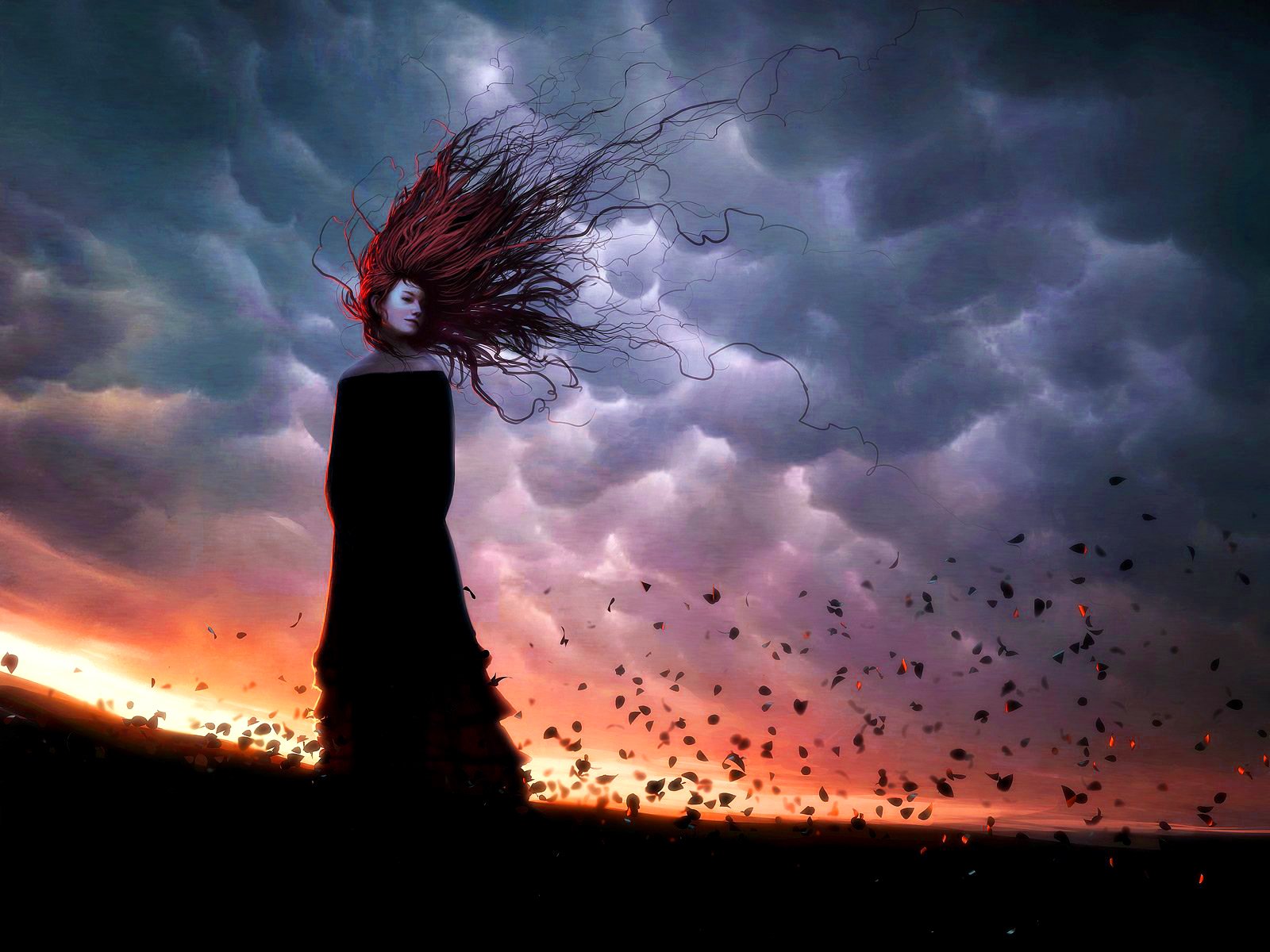HD desktop wallpaper featuring a fantasy scene with a woman, her hair flowing wildly under a stormy sky at sunset.