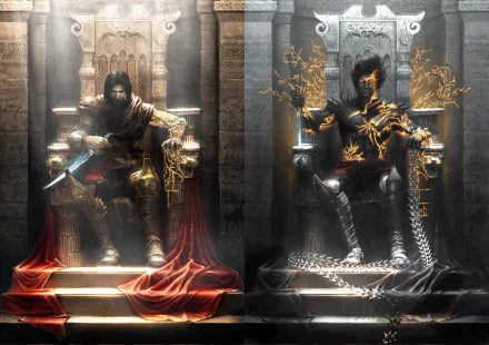 HD wallpaper featuring two versions of the Prince of Persia seated on ornate thrones from the game Prince of Persia: The Two Thrones. The Prince appears in dark and light contrasting themes.