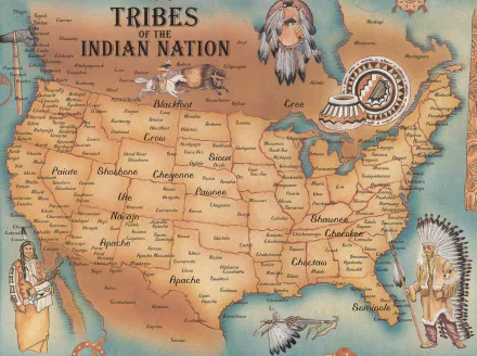HD PC desktop wallpaper and background showing a vintage-style map of North America labeled with Native American tribal names and adorned with feathered headdresses and tribal illustrations (misc, map).