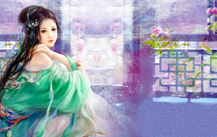 A serene fantasy scene featuring a woman in a flowing kimono, gazing out from a window adorned with floral accents, creating a captivating HD desktop wallpaper.