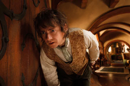 HD wallpaper of a hobbit peeking through a wooden door, capturing the whimsical essence of The Lord of the Rings.