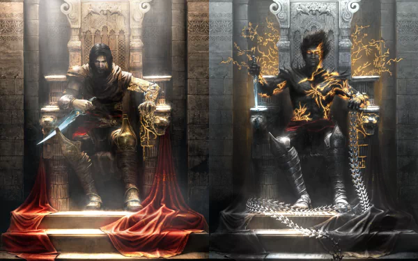 HD wallpaper featuring two versions of the Prince of Persia seated on ornate thrones from the game Prince of Persia: The Two Thrones. The Prince appears in dark and light contrasting themes.