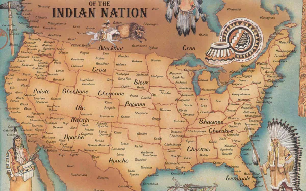 HD PC desktop wallpaper and background showing a vintage-style map of North America labeled with Native American tribal names and adorned with feathered headdresses and tribal illustrations (misc, map).