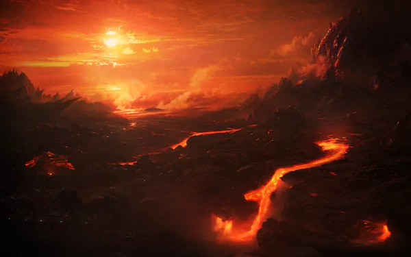 A vibrant HD desktop wallpaper depicting a fiery landscape with flowing lava, inspired by the Zerg from Starcraft II, set against an intense orange sunset.
